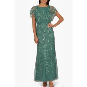 NEW ADRIANNA PAPELL beaded mesh boat neck flutter sleeve blouson dress in green